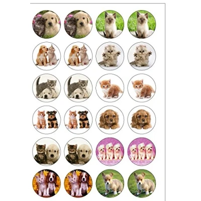 Image of 24 PRE Cut Cute Puppies &amp; Kittens Edible Wafer Paper Round Cake Toppers Decorations