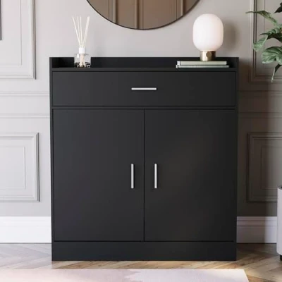 Image of Vida Designs Dalby Modern Shoe Cabinet, 2 Door 1 Drawer, Hallway Cupboard Storage Organiser, Footwear Stand Rack, Wood Sideboard Unit, Black