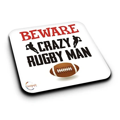 Image of ER425 Beware Crazy Rugby Man Novelty Present Gift Printed MDF Wooden Coaster
