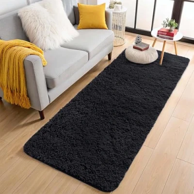 Image of Aspire Homeware Rugs for Living Room Black Fluffy Area 60x220cm Bedroom Super Soft Hallway Runner Shaggy Rug Thick Pile Non Shedding