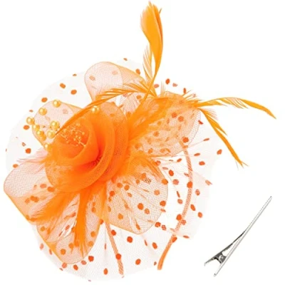 Image of DRESHOW Fascinators Hat Flower Mesh Ribbons Feathers on a Headband and Forked Clip Cocktail Tea Party Headwear for Girls Women