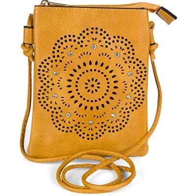 Image of styleBREAKER Women Mini Bag Shoulder with Flowers Lasercut Cutout Pattern and Rhinestones, Bag, Handbag 02012367, Colour:Cognac