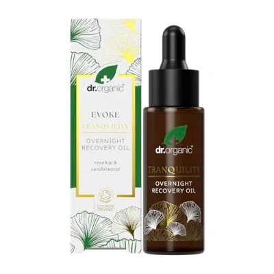 Image of Dr Organic Evoke Tranquility Overnight Recovery Oil, Hydrating Night Serum, Restore Skin, with Rosehip &amp; Sandalwood, Vegan, Natural, Certified Organic, 30ml