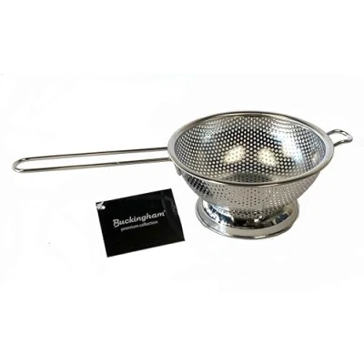 Image of Buckingham 30775 Micro Perforated Stainless Steel Long Handle Colander Strainer for Rice Pasta Spaghetti Noodles Vegetables Fruits Cooking and Kitchen Use