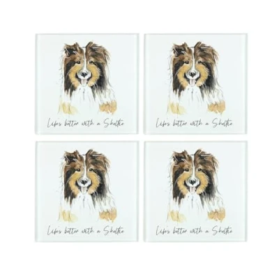 Image of Sheltie Coaster Set Life&#039;s Better With a Dog Gift Square Glass of Four (4) Coasters