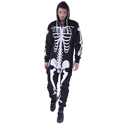 Image of trending babz Mens Women Skeleton Print Unisex Onesie Zip Up All In One Hooded Jumpsuit S 2XL