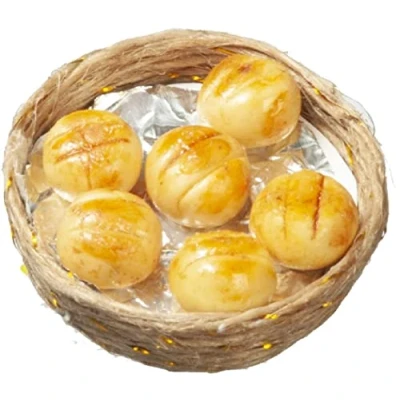 Image of Melody Jane Dolls House Fresh Bread Roll Buns in Woven Basket Dining Room Kitchen Accessory