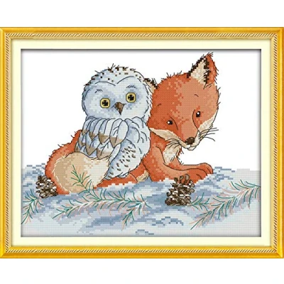 Image of Abillyn Embroidery Cross Stitch Kits Fox and Owl Stamped with Printed Pattern Starter Kit (Fox Owl)