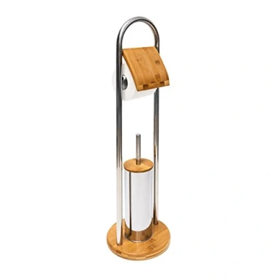 Image of Relaxdays Bathroom Set Toilet Butler Made of Bamboo and Stainless Steel Roll Holder Brush With Plastic Hygienic Storage Container Steel, Natural