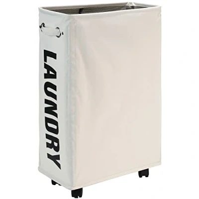 Image of DOKEHOM 25 Inches Slim Laundry Basket on Wheels, Collapsible Rolling Hamper, Foldable Narrow Corner Clothes Storage Bins (Beige)
