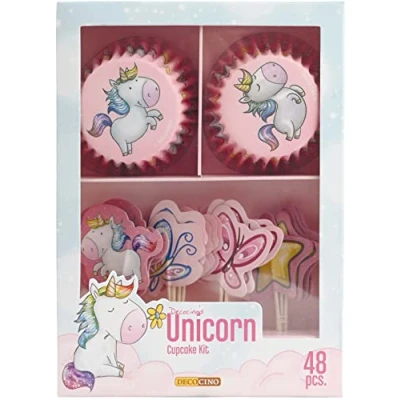 Image of DECOCINO Unicorn Muffin Set 48 Pieces 24 Cupcake Cases with Diameter 5 cm &amp; Toppers Made of Paper, Ideal Decoration for Children&#039;s Birthdays Themed Parties