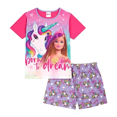 Image of Barbie Girls Pyjamas Short PJ Set, Doll Unicorn PJs for Girls, Ages 3 to 10 Years, Official Merchandise (as8, age, 7_years, 8_years) Pink