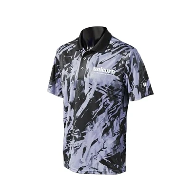Image of Unicorn Darts Shirt Pro Tech Camo Cool Breathable Soft Feel Micro Mesh 3 Tuk Polyester Grey with Black Collar &amp; White Logo Medium to fit Chest 39 41 inches