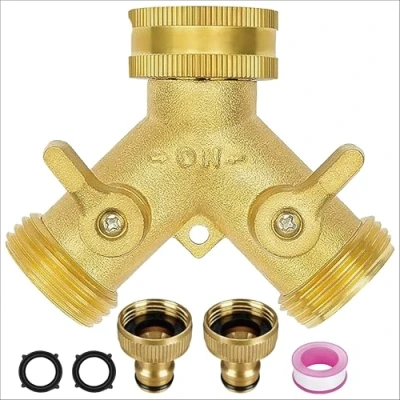 Image of 2 Way Garden Tap Splitter, Connector with Individual On/Off and Two Quick Connector, 3/4&quot; Y Splitter Brass Hose for Pipe Irrigation Tool Fitting