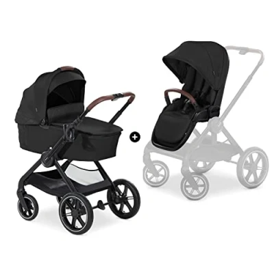 Image of hauck Walk N Care Set, Black 2 in 1 Pram &amp; Pushchair with Raincover from Birth to 22 kg, Frame Cup Holder, Carrycot Toddler Seat, Height Adjustable, Compact Foldable, UPF 50+, Lie Flat
