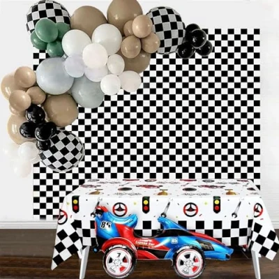 Image of Jwssor Birthday Decoration,Race Car Balloons,Checkerboard Balloons,Black and White Balloons for Race Party Decoration