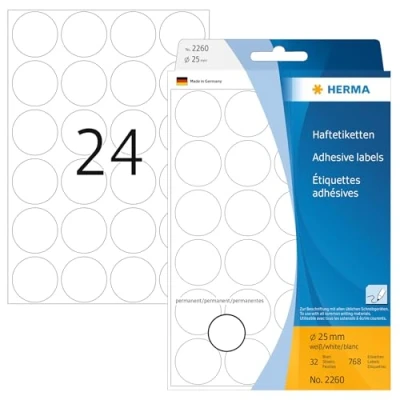 Image of HERMA Dot Stickers White, 768 Labels, Ø 25 mm, 24 Labels per Sheet, Self Adhesive Round Colour Stickers, Blank Marking Dots, Sticky Circle for Color Coding Calendar