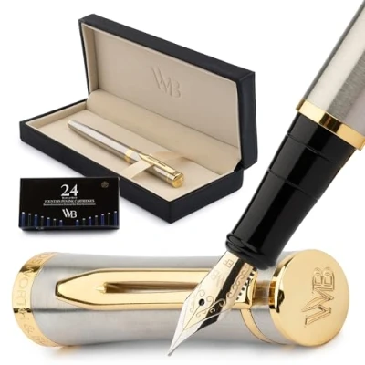 Image of Wordsworth &amp; Black Juego de plumas estilográficas extrafinas, incluye 6 cartuchos tinta y un convertidor recarga tinta,plateado dorado