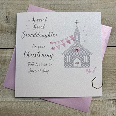 Image of WHITE COTTON CARDS GREAT GRANDDAUGHTER CHURCH CHRISTENING CARD, HAND FINISHED (D115 GGD)