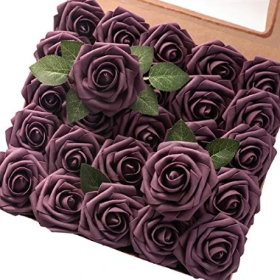 Image of Floroom Artificial Flowers 25pcs Real Looking Plum Foam Fake Roses with Stems for DIY Wedding Bouquets Bridal Shower Centerpieces Floral Arrangements Party Home Decorations