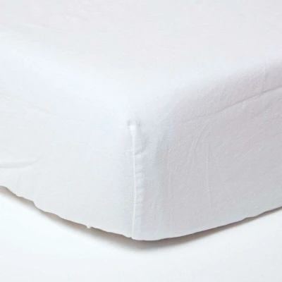 Image of HOMESCAPES Luxury Soft Linen Fitted Sheet Plain White Textured Natural French Flax Fibre &amp; Pure 100% Cotton Blend, Double Size (30 cm Deep)