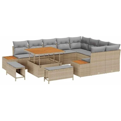 Image of vidaXL 12 Piece Garden Sofa Set with Cushions Beige Poly Rattan Acacia