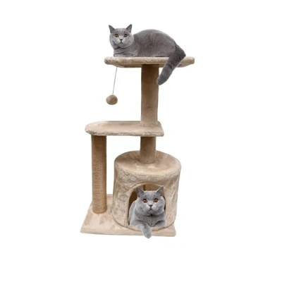 Image of Beige Multi Level Cat Climbing Tower with Ladder Stable Scratch Post &amp; Play House for Kittens Indoor Pet Activity (40 * 30 70cm)