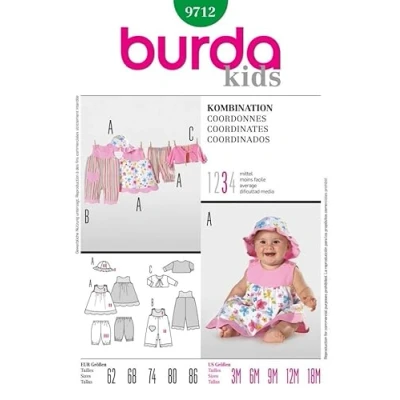 Image of Burda Toddlers Sewing Pattern 9712 Dress, Pants, Dungarees, Jacket &amp; Hat Ages: 3 18 Months
