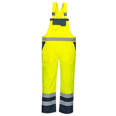 Image of Portwest S488 Men&#039;s Hi Vis Bib and Brace Work Overalls Waterproof Breathable Contrast Rain Dungarees Yellow/Navy, Medium