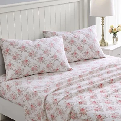 Image of Laura Ashley Queen Sheet Set, Cotton Flannel Bedding, Brushed for Extra Softness &amp; Comfort (Lisalee Pink, Queen)