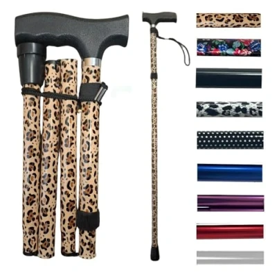 Image of Life Healthcare Walking Stick for Women, Elderly Or Disabled, Folding Adjustable Height, Right Left Handed, Non Slip Rubber Tip, Wrist Strap, Lightweight (Brown Leopard)
