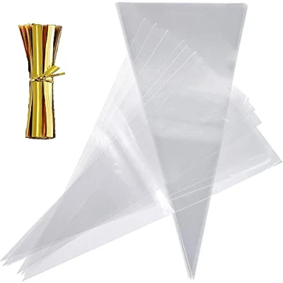 Image of Sweet Cones Bags,100 PCS Clear Cellophane Cone Bag Triangle Treat Bags with Gold Twist Ties Popcorn for Candies Handmade Cookies Party Christmas Festivals 13 * 25cm