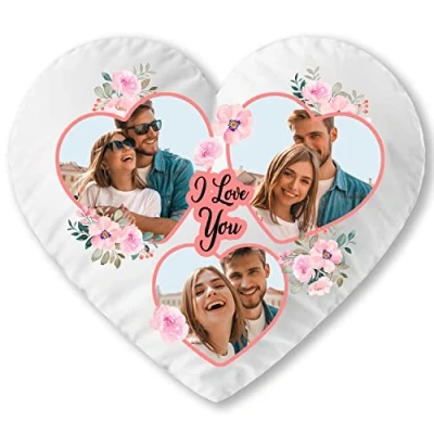 Image of Ferocity Personalised White Heart Shaped Pillow Cushion Gift with your 3 Photos (35 x 40 cm) Print Image for any Occasion (with filling) [091]