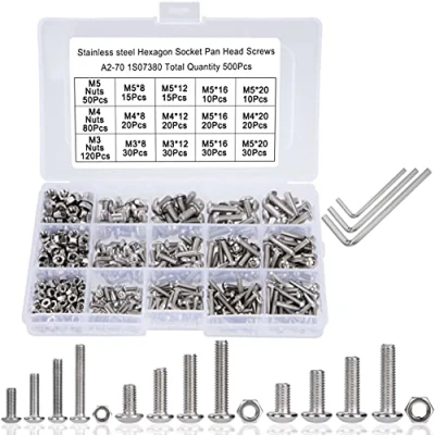Image of QIMEI SHOP Bolts and Nuts Set M3 M4 M5 Hex Socket Screws Stainless Steel Button Head Cap Screw Assortment Kit with Allen Wrenches Storage Box Full Thread 500 Pcs