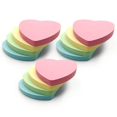 Image of Evergreen Goods Heart Shaped Sticky Post Notes Removable Adhesive Assorted Colours (Yellow, Pink, Blue, Green) 100 Sheets per pad 76x76mm (3&quot;x3&quot;) (12 Pads, Pastel Hearts)