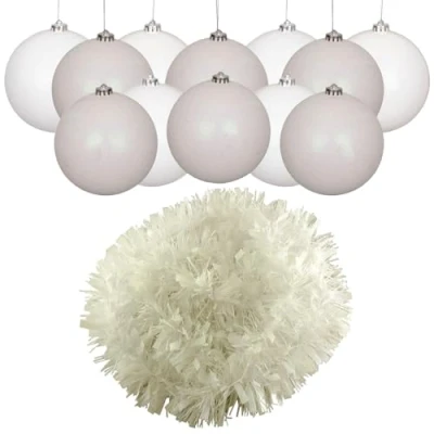 Image of White Shatterproof Christmas Baubles 3cm (Pack of 12) with Iridescent Deluxe 1.8m Tinsel Elegant Holiday Tree Decoration Set
