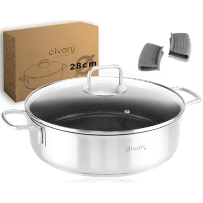 Image of DIVORY Stainless Steel braising pan 28cm ULTIME Induction, Serving with lid 4.6l Coated Cooking Pot ovenproof, Casserole high Rim + Protector, Dishwasher Safe