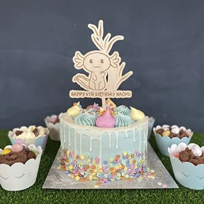 Image of Luck and Axolotl Personalised Wooden Cake Topper Childrens Birthday Name Age