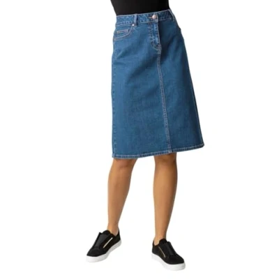 Image of Roman Originals Denim Skirt with Pockets for Women UK Ladies Jean Skirts Cotton Stretch Mid Wash Fitted A Line Casual Smart Work Office Knee Length Flattering Slimming Indigo Size 14