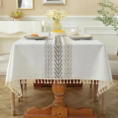 Image of Pahajim Tablecloths Rectangular Washable Cotton Linen Tablecloth Anti Wrinkle Tassel Design Fabric for kitchen, Dining room, Outdoor Garden Tabletop.(55 x 87 Inch)