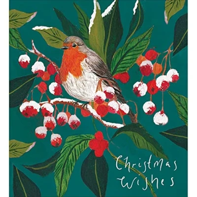 Image of Woodmansterne Artistic Charity Christmas Cards Robin &amp; Berries Snowy Branch Eco Friendly Recyclable Pack of 5