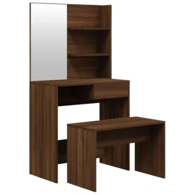 Image of vidaXL Brown Oak Dressing Table Set Modern Bedroom Makeup Vanity Desk with Mirror &amp; Stool, Ample Storage Space Engineered Wood Construction