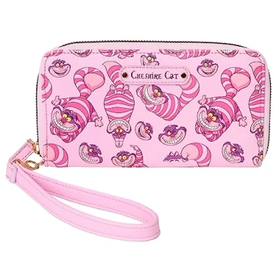 Image of Disney Wallet Wristlet Mickey Minnie Mouse Winnie Pooh Zip Clutch Faux Leather, Cheshire Cat Pink