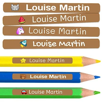 Image of 50 Personalized Minis Adhesive Labels to Mark Objects, Pencils, pens, etc. Measure 4,2 x 0,5 cm. Color Brown
