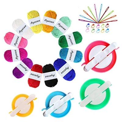 Image of Pompom Maker Kits, Knitting Loom Kit Fluff Ball Weaver Needle Craft DIY Crochet Tool Kit, 4PS Maker+10PS Stitch Markers+10PS Plastic Needles+12PS Acrylic Yarn(36)