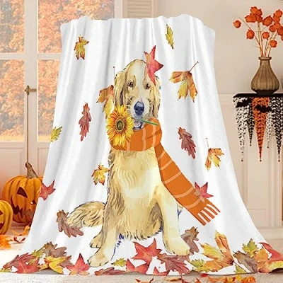 Image of JOOCAR Golden Retriever Throw Blanket Autumn Happy Dog Fall Leaf Cozy Soft Lightweight Flannel Plush Blankets for Bed Couch Living Room Sofa Chair,40x50 Inch