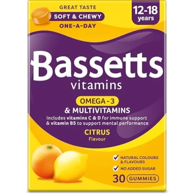 Image of Bassetts Vitamins 12 18 Years Omega 3 Citrus Flavour Multivitamins 30 Gummies