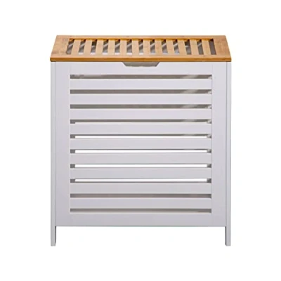 Image of Rebecca Mobili Dirty Laundry Basket, Basket With Lid Bamboo Mdf Wood, White Brown, Space Saving Bathroom Organisation Measurements HxWxD: 55 x 50 30 cm Art. RE6711