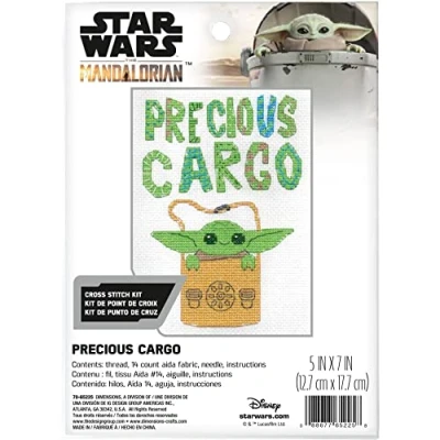 Image of Dimensions 70 65225 Precious Cargo Star Wars The Mandalorian Counted Cross Stitch Kit for Beginners, 5&quot; x 7&quot;, 14 Cnt. White Aida, 4pcs