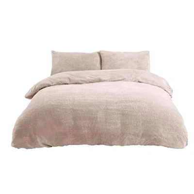 Image of Sleepdown Teddy Fleece Duvet Cover Quilt Bedding Set with Pillow Cases Thermal Warm Cosy Super Soft, King, Natural Ivory